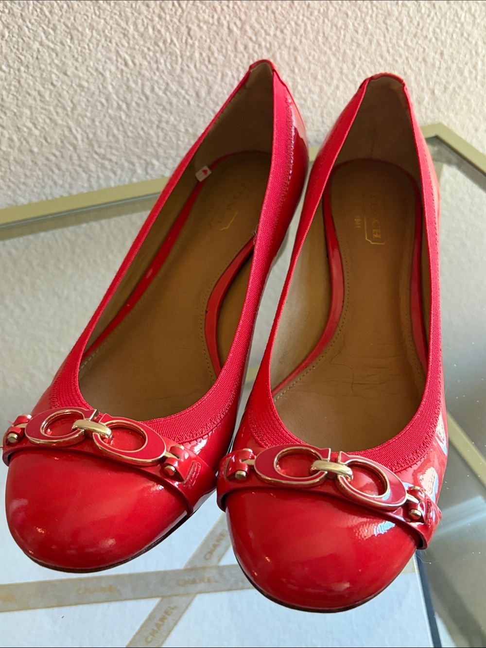 Coach Red Patent Ballet Flats with Gold Hardware
